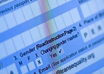 Se observa una solicitud de pasaporte parcialmente completa, con un marcador de género X, en un monitor de computadora en Alexandria, Virginia, el 11 de abril de 2022.