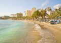 Playa turística en Marbella y Puerto Banús con palmeras, edificios y gente relajándose.