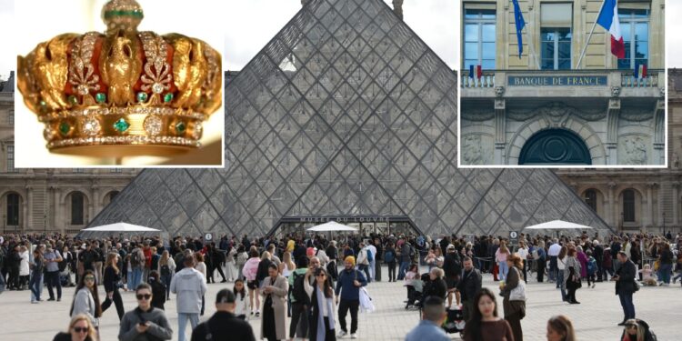 Un collage de imágenes que contiene 3 imágenes. La imagen 1 muestra que el Museo del Louvre reabre después de un robo de joyas por valor de 102 millones de dólares, con una investigación en curso. La imagen 2 muestra la fachada de la Banque de France en París con banderas francesas y de la Unión Europea. La imagen 3 muestra la fachada de la Banque de France en París.