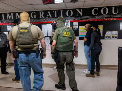 Los agentes federales, incluidos los miembros de ICE, patrullan los pasillos del Tribunal de Inmigración en la ciudad de Nueva York.