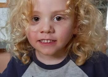 August 'Gus' Lamont, un niño de 4 años, con cabello rubio rizado y ojos marrones, con una camisa gris que dice "Mi mamá" con un cerdo rosa.