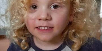 August 'Gus' Lamont, un niño de 4 años, con cabello rubio rizado y ojos marrones, con una camisa gris que dice "Mi mamá" con un cerdo rosa.