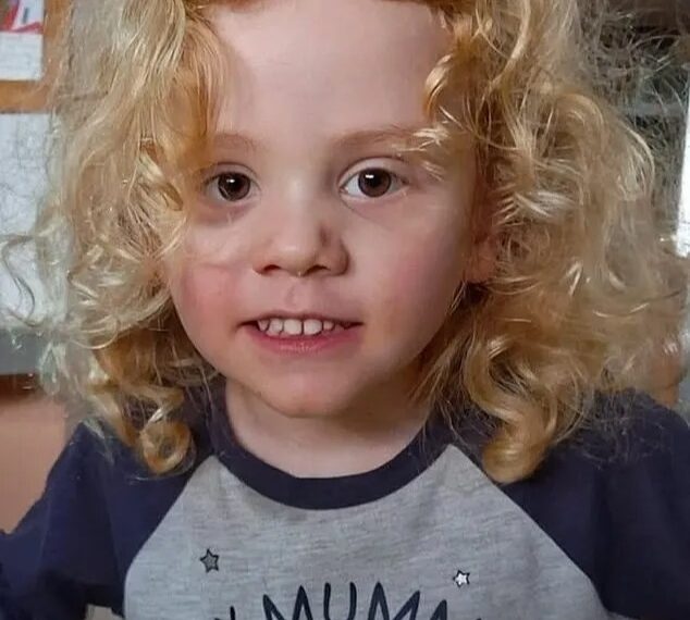 August 'Gus' Lamont, un niño de 4 años, con cabello rubio rizado y ojos marrones, con una camisa gris que dice "Mi mamá" con un cerdo rosa.