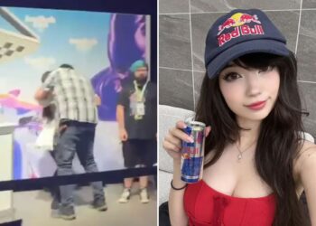 Un collage de imágenes que contiene 2 imágenes. La imagen 1 muestra personas reunidas dentro de un lugar con poca luz mirando una pantalla blanca con gráficos rosados sobre un fondo azul. La imagen 2 muestra NINTCHDBPICT001031978157