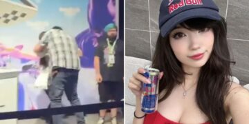 Un collage de imágenes que contiene 2 imágenes. La imagen 1 muestra personas reunidas dentro de un lugar con poca luz mirando una pantalla blanca con gráficos rosados sobre un fondo azul. La imagen 2 muestra NINTCHDBPICT001031978157