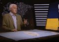 Un hombre que habla frente a un mapa mundial, con un mapa de banderas de Taiwán y Ucrania y Rusia.