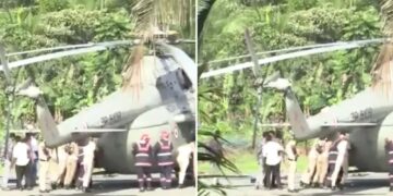 Extraño momento en que el helicóptero del presidente se Atasca en un nuevo helipuerto
