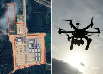 Un collage de imágenes que contiene 2 imágenes. La imagen 1 muestra la base militar de Reedo, Estonia. La imagen 2 muestra un dron al atardecer.