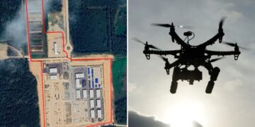 Un collage de imágenes que contiene 2 imágenes. La imagen 1 muestra la base militar de Reedo, Estonia. La imagen 2 muestra un dron al atardecer.