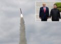 Un collage de imágenes que contiene 2 imágenes, la Imagen 1 muestra el lanzamiento de misiles con humo y fuego contra un cielo nublado, la Imagen 2 muestra a Trump Asia Corea del Norte