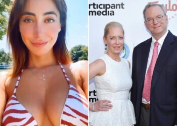 Un collage de imágenes que contiene 2 imágenes. La imagen 1 muestra a Michelle Ritter con un bikini a rayas rojas y blancas. La imagen 2 muestra a Wendy Schmidt y Eric Schmidt en la gala anual del Instituto de Medio Ambiente y Sostenibilidad de UCLA.