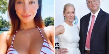 Un collage de imágenes que contiene 2 imágenes. La imagen 1 muestra a Michelle Ritter con un bikini a rayas rojas y blancas. La imagen 2 muestra a Wendy Schmidt y Eric Schmidt en la gala anual del Instituto de Medio Ambiente y Sostenibilidad de UCLA.