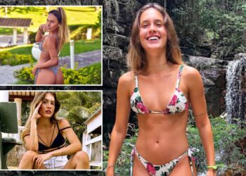 Un collage de imágenes que contiene 3 imágenes. La imagen 1 muestra NINTCHDBPICT001033294918. La imagen 2 muestra a una mujer con un bikini a rayas parada en escalones de piedra al aire libre, mirando por encima del hombro. La imagen 3 muestra a una mujer con un top negro y pantalones cortos blancos sentada en escalones de concreto, mirando a la cámara.