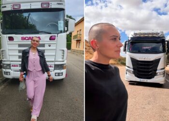 Un collage de imágenes que contiene 2 imágenes, la Imagen 1 muestra a Oti Cabadas, conocida como Coco Trucker Girl, frente a una camioneta Scania blanca, la Imagen 2 muestra a Oti Cabadas, una camionera influencer, frente a una camioneta Iveco blanca
