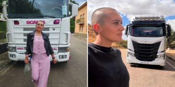 Un collage de imágenes que contiene 2 imágenes, la Imagen 1 muestra a Oti Cabadas, conocida como Coco Trucker Girl, frente a una camioneta Scania blanca, la Imagen 2 muestra a Oti Cabadas, una camionera influencer, frente a una camioneta Iveco blanca