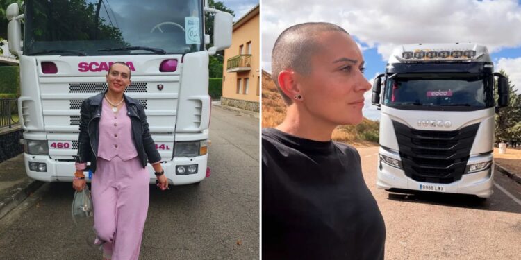 Un collage de imágenes que contiene 2 imágenes, la Imagen 1 muestra a Oti Cabadas, conocida como Coco Trucker Girl, frente a una camioneta Scania blanca, la Imagen 2 muestra a Oti Cabadas, una camionera influencer, frente a una camioneta Iveco blanca
