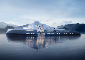 Ilustración del atípico I Megayacht en el agua frente a las montañas.