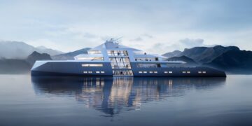 Ilustración del atípico I Megayacht en el agua frente a las montañas.