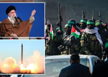 Un collage de imágenes que contiene 3 imágenes, la Imagen 1 muestra a militantes de Hamas con armas y banderas palestinas llegando a Jabalia, la Imagen 2 muestra al Ayatollah Ali Khamenei hablando en un podio, la Imagen 3 muestra el lanzamiento del misil Emad en Irán