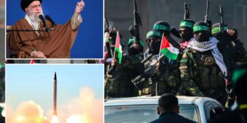 Un collage de imágenes que contiene 3 imágenes, la Imagen 1 muestra a militantes de Hamas con armas y banderas palestinas llegando a Jabalia, la Imagen 2 muestra al Ayatollah Ali Khamenei hablando en un podio, la Imagen 3 muestra el lanzamiento del misil Emad en Irán