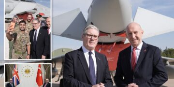 Collage de Keir Starmer en una base de la RAF con un avión de combate, tomándose una selfie con personal militar y reuniéndose con el presidente de Turquía, Erdoğan.