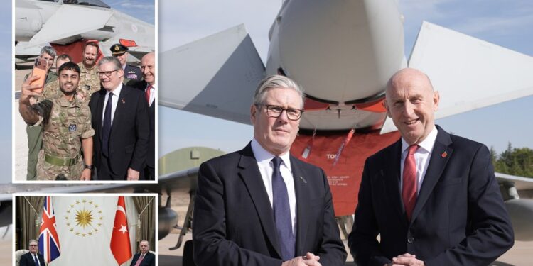 Collage de Keir Starmer en una base de la RAF con un avión de combate, tomándose una selfie con personal militar y reuniéndose con el presidente de Turquía, Erdoğan.