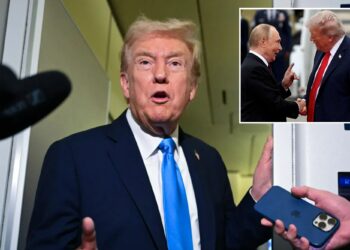 Un collage de imágenes que contiene 2 imágenes, la imagen 1 muestra TOPSHOT-QATAR-US-POLITICS-TRUMP, la imagen 2 muestra: el presidente estadounidense Trump se reúne con el presidente ruso Putin en Alaska