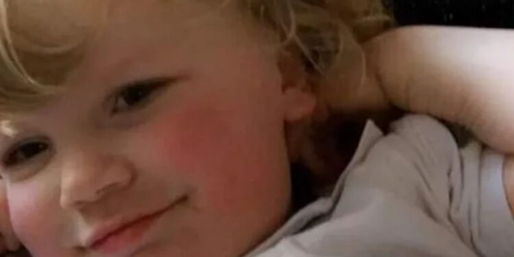 Un collage de imágenes que contiene 1 imagen. La imagen 1 muestra a Theo Treharne-Jones, un niño de cinco años, con cabello rubio y mejillas sonrosadas.