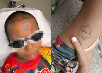 Un collage de imágenes que contiene 2 imágenes. La imagen 1 muestra un tatuaje de matones escolares 'p***y' en la cabeza de un compañero de clase en Tailandia. La imagen 2 muestra un tatuaje de matones escolares 'p***y' en la cabeza de un compañero de clase en Tailandia.
