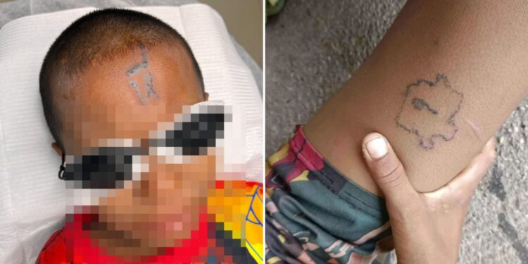 Un collage de imágenes que contiene 2 imágenes. La imagen 1 muestra un tatuaje de matones escolares 'p***y' en la cabeza de un compañero de clase en Tailandia. La imagen 2 muestra un tatuaje de matones escolares 'p***y' en la cabeza de un compañero de clase en Tailandia.