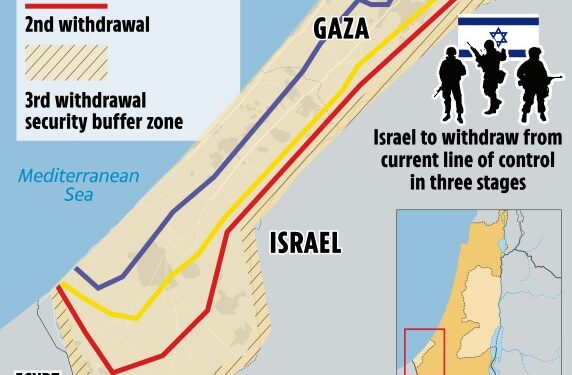 Ilustración de un mapa que detalla el acuerdo de paz propuesto por Trump entre Israel y Ha, incluida la retirada de tropas, una zona de seguridad y la liberación de rehenes y prisioneros.