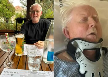 Un collage de imágenes que contiene 2 imágenes. La imagen 1 muestra a Brian Ackroyd sentado en una mesa con bebidas, sonriendo a la cámara. La imagen 2 muestra a Brian Ackroyd acostado en una cama de hospital con los ojos cerrados y un collarín.