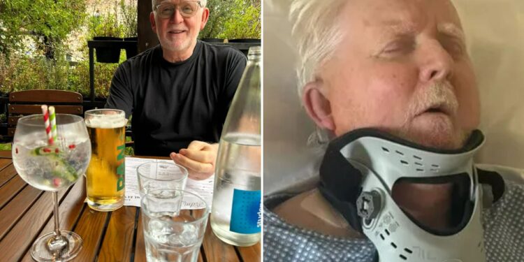 Un collage de imágenes que contiene 2 imágenes. La imagen 1 muestra a Brian Ackroyd sentado en una mesa con bebidas, sonriendo a la cámara. La imagen 2 muestra a Brian Ackroyd acostado en una cama de hospital con los ojos cerrados y un collarín.