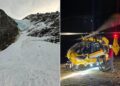 Un collage de imágenes que contiene 2 imágenes. La imagen 1 muestra el sitio donde los montañeros fueron alcanzados por una avalancha en las montañas de Ortler, Italia. La imagen 2 muestra a los rescatistas con un helicóptero preparándose para las operaciones de rescate en busca de cinco montañeros.