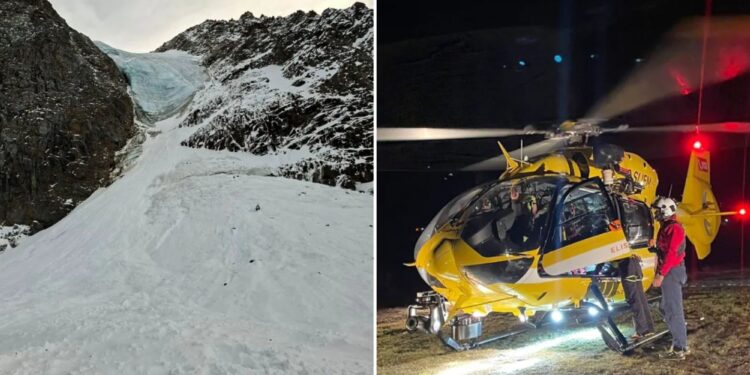 Un collage de imágenes que contiene 2 imágenes. La imagen 1 muestra el sitio donde los montañeros fueron alcanzados por una avalancha en las montañas de Ortler, Italia. La imagen 2 muestra a los rescatistas con un helicóptero preparándose para las operaciones de rescate en busca de cinco montañeros.