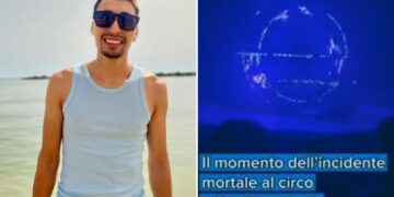Un collage de imágenes que contiene 2 imágenes. La imagen 1 muestra a un hombre vestido con una camiseta sin mangas azul claro y pantalones cortos azules parado en aguas poco profundas en la playa. La imagen 2 muestra una pantalla azul que muestra un gráfico circular con fallas y texto. "El momento del incidente mortal en el circo de Sant'Anastasia" (El momento del fatal accidente en el circo de Sant'Anastasia)