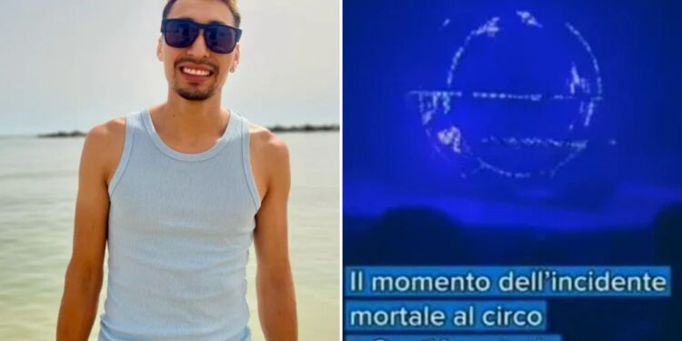 Un collage de imágenes que contiene 2 imágenes. La imagen 1 muestra a un hombre vestido con una camiseta sin mangas azul claro y pantalones cortos azules parado en aguas poco profundas en la playa. La imagen 2 muestra una pantalla azul que muestra un gráfico circular con fallas y texto. "El momento del incidente mortal en el circo de Sant'Anastasia" (El momento del fatal accidente en el circo de Sant'Anastasia)