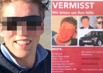 Un collage de imágenes que contiene 2 imágenes. La imagen 1 muestra a un hombre con ojos pixelados sonriendo en una playa. La imagen 2 muestra un cartel de persona desaparecida de Ralf K. con sus fotografías y un Mercedes-Benz Kombi C 180 negro.