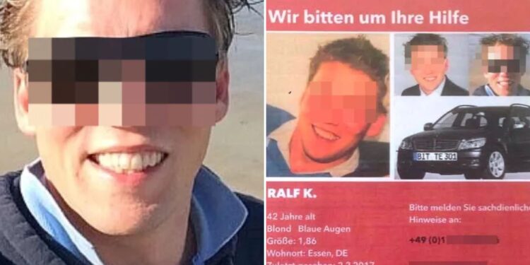 Un collage de imágenes que contiene 2 imágenes. La imagen 1 muestra a un hombre con ojos pixelados sonriendo en una playa. La imagen 2 muestra un cartel de persona desaparecida de Ralf K. con sus fotografías y un Mercedes-Benz Kombi C 180 negro.
