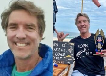 Un collage de imágenes que contiene 2 imágenes. La imagen 1 muestra el retrato del dos veces campeón de ala delta, Craig Murray, sonriendo. La imagen 2 muestra a un hombre con un "Nacido para volar" camisa, sosteniendo un premio de parapente, haciendo una señal de shaka