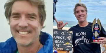 Un collage de imágenes que contiene 2 imágenes. La imagen 1 muestra el retrato del dos veces campeón de ala delta, Craig Murray, sonriendo. La imagen 2 muestra a un hombre con un "Nacido para volar" camisa, sosteniendo un premio de parapente, haciendo una señal de shaka