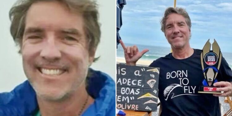 Un collage de imágenes que contiene 2 imágenes. La imagen 1 muestra el retrato del dos veces campeón de ala delta, Craig Murray, sonriendo. La imagen 2 muestra a un hombre con un "Nacido para volar" camisa, sosteniendo un premio de parapente, haciendo una señal de shaka