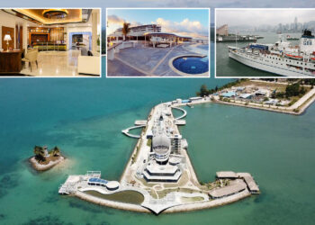 Collage del lobby de un hotel de lujo, un resort con piscina y vista al mar, un crucero atracado en el puerto de una ciudad y una vista aérea de un complejo de edificios con forma de ancla en una península.