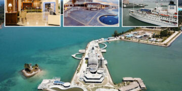 Collage del lobby de un hotel de lujo, un resort con piscina y vista al mar, un crucero atracado en el puerto de una ciudad y una vista aérea de un complejo de edificios con forma de ancla en una península.