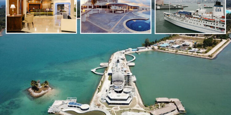 Collage del lobby de un hotel de lujo, un resort con piscina y vista al mar, un crucero atracado en el puerto de una ciudad y una vista aérea de un complejo de edificios con forma de ancla en una península.