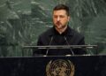 El presidente de Ucrania, Volodymyr Zelenskyy, habla durante la Asamblea General de las Naciones Unidas en la sede de las Naciones Unidas en la ciudad de Nueva York el 24 de septiembre de 2025. (Spencer Platt/Getty Images)