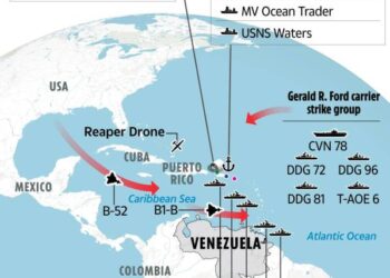 Ilustración de un mapa que muestra los activos militares estadounidenses cerca de Venezuela.