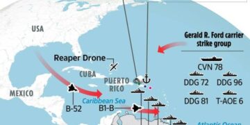 Ilustración de un mapa que muestra los activos militares estadounidenses cerca de Venezuela.