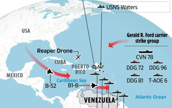 Ilustración de un mapa que muestra los activos militares estadounidenses cerca de Venezuela.