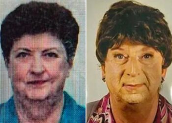 Un collage de imágenes que contiene 2 imágenes. La imagen 1 muestra a Graziella Dall'Oglio, la imagen 2 muestra al hijo de Graziella Dall'Oglio vestido como su madre muerta.